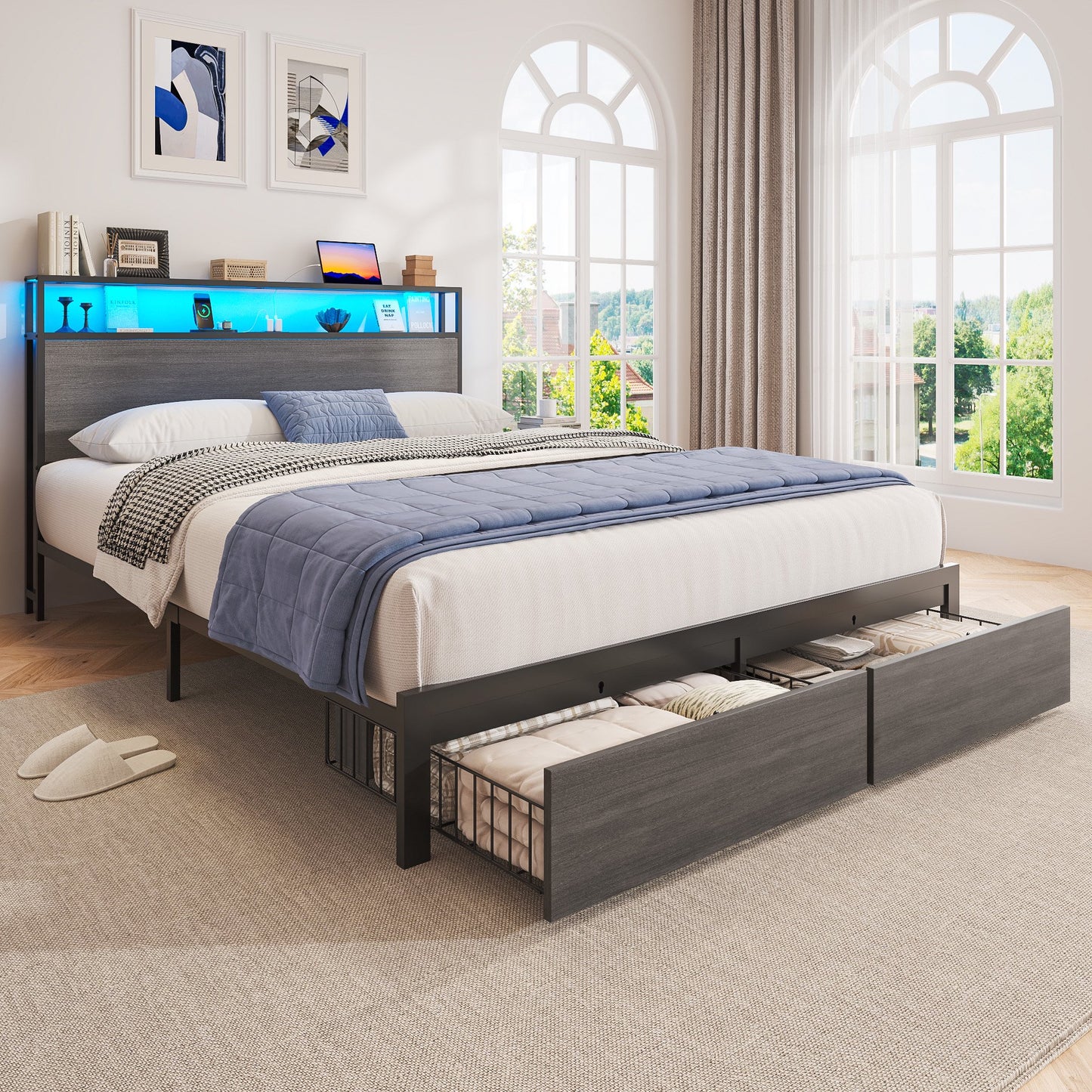 Lifezone Full Size Bed Frame with Storage Headboard & Footboard Drawers, Rustic Grey