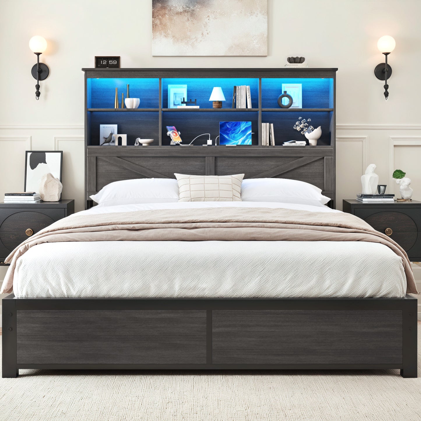 Lifezone Queen Size Platform Bed Frame with High Storage Bookcase Headboard, Queen Bed Frame with 4 Storage Drawers,Charging Station & LED, No Box Spring Needed/Noise Free
