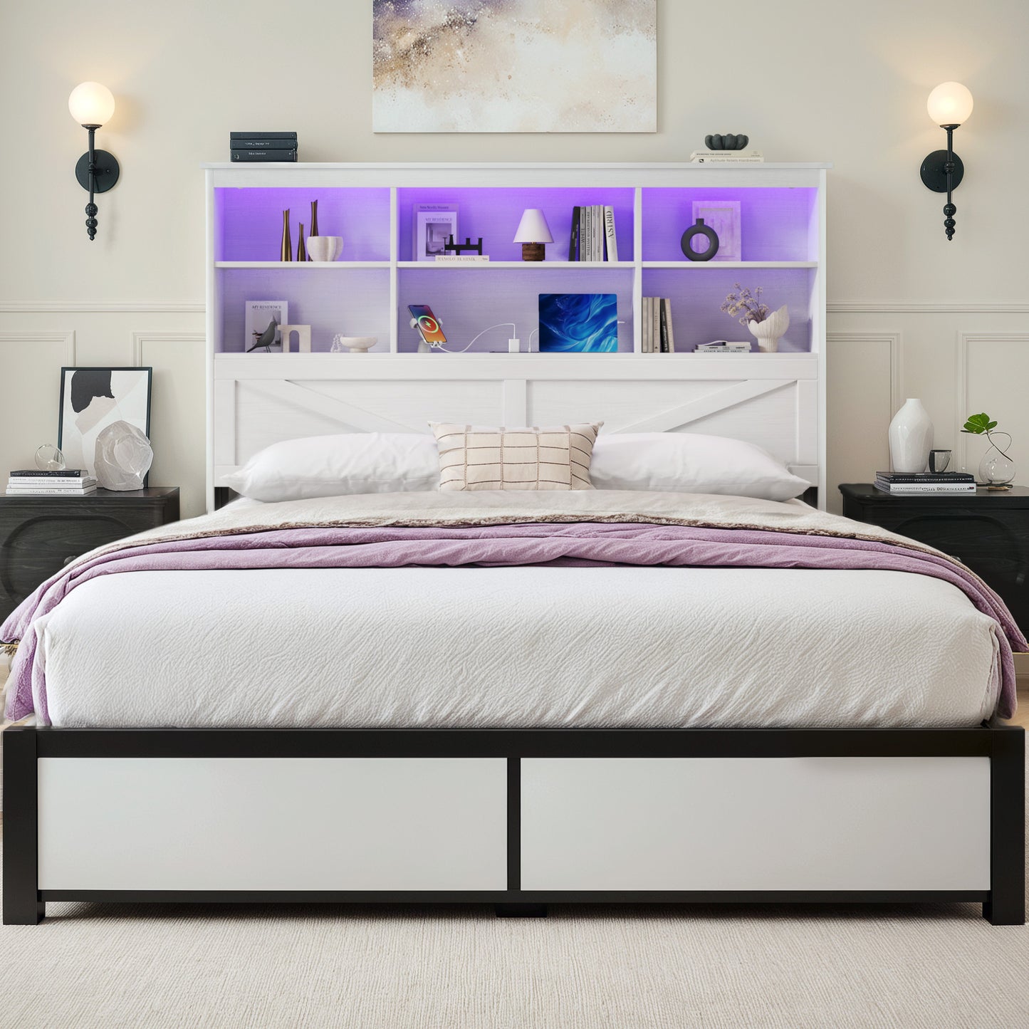 Lifezone Queen Size Platform Bed Frame with High Storage Bookcase Headboard, Queen Bed Frame with 4 Storage Drawers,Charging Station & LED, No Box Spring Needed/Noise Free