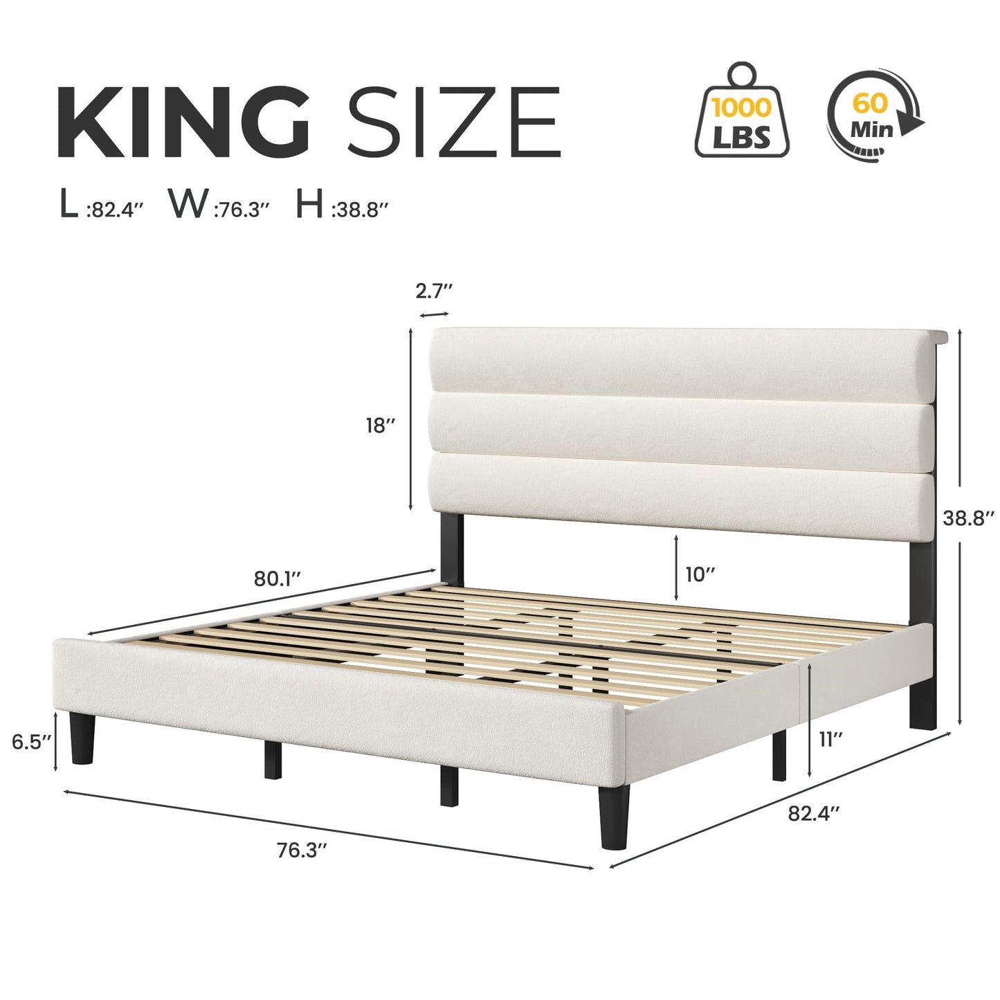 Lifezone King Bed Frame with Velvet Upholstered Headboard, Metal Support, No Box Spring Needed, Noise Free, Easy Assembly, Beige