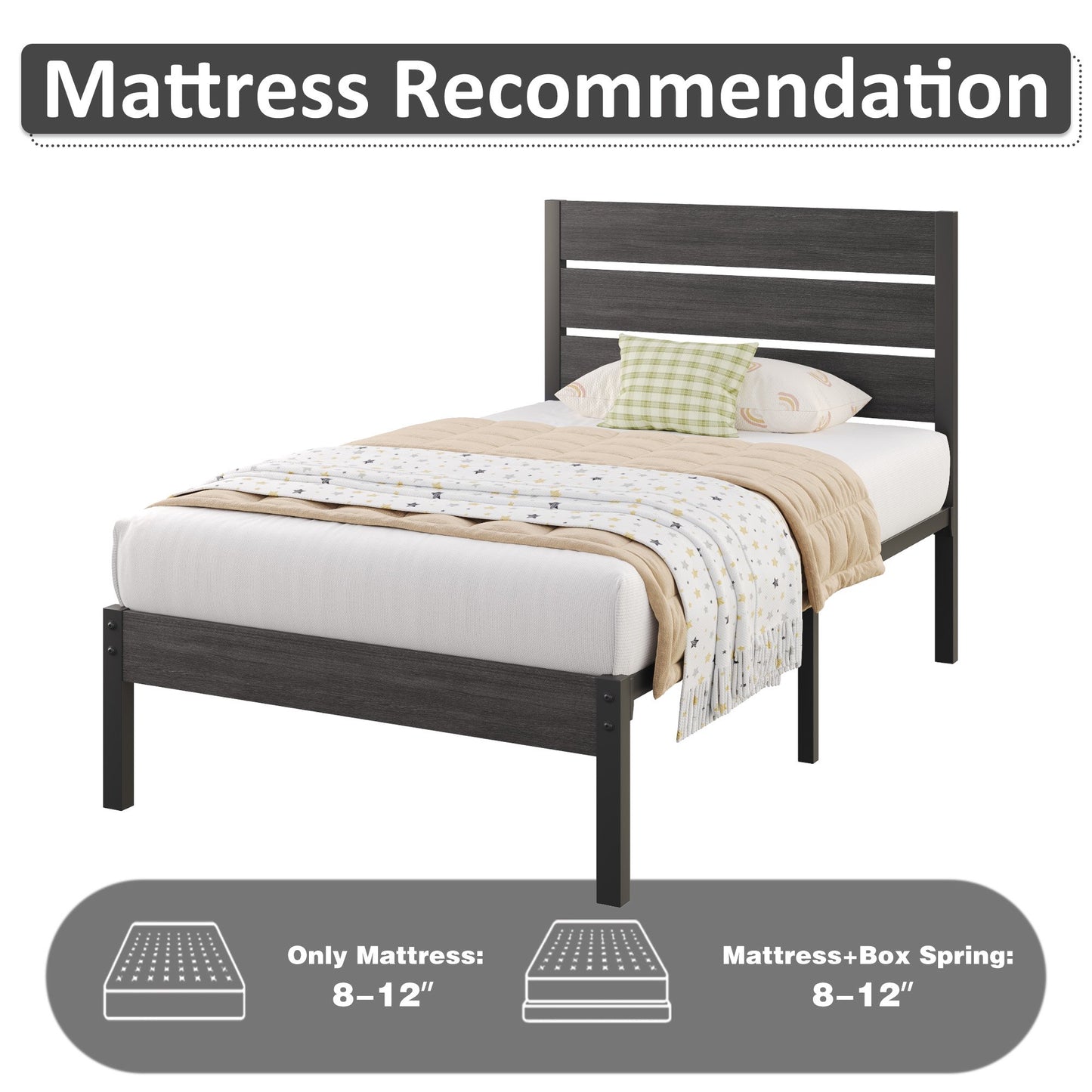 Lifezone Twin Bed Frame with Rustic Vintage Wood Headboard and Footboard,Metal Support,Gray