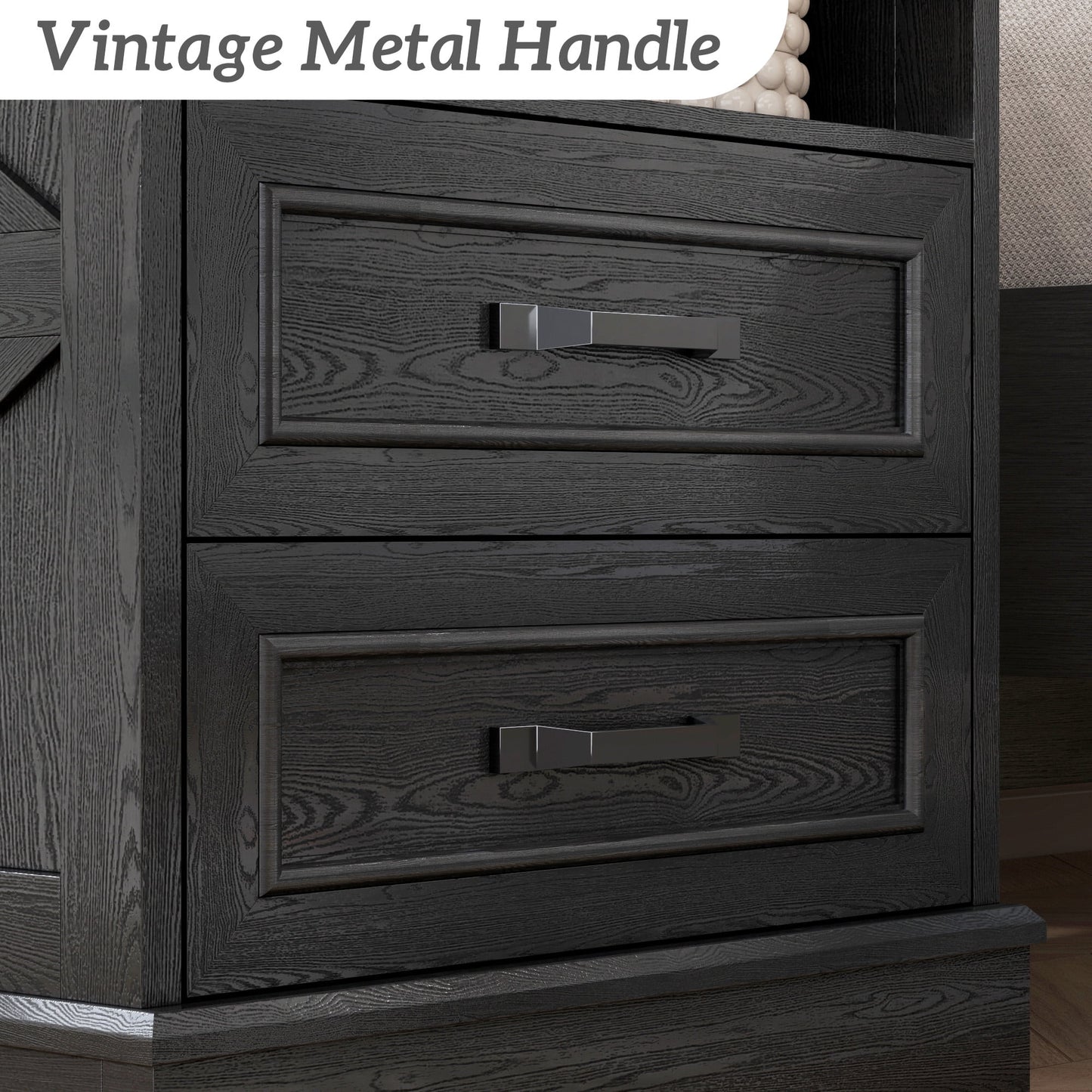 Lifezone 24” Farmhouse Rustic Nightstand - Antique Black , Charging Station, Drawers & Open Storage
