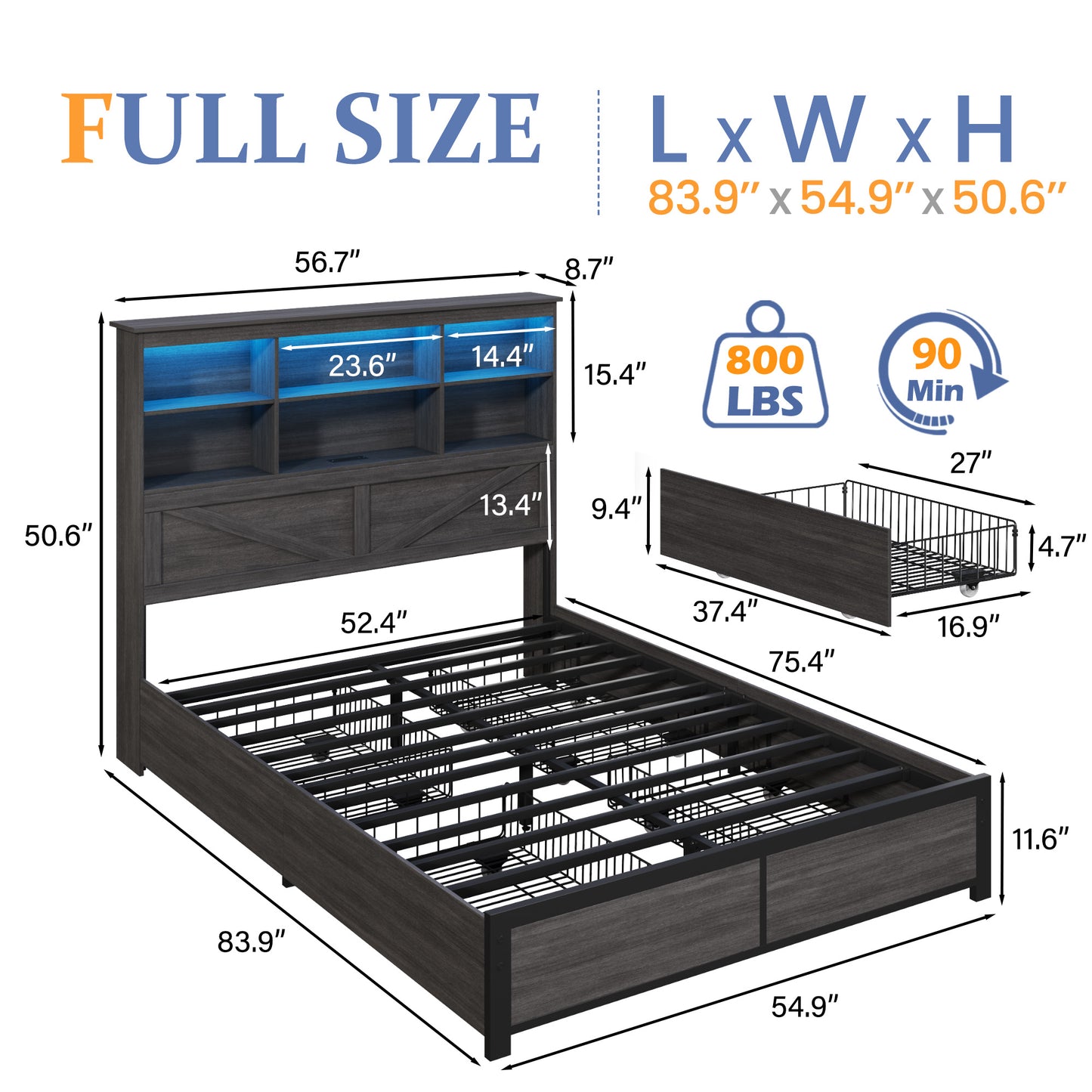 Lifezone Queen Size Platform Bed Frame with High Storage Bookcase Headboard, Queen Bed Frame with 4 Storage Drawers,Charging Station & LED, No Box Spring Needed/Noise Free