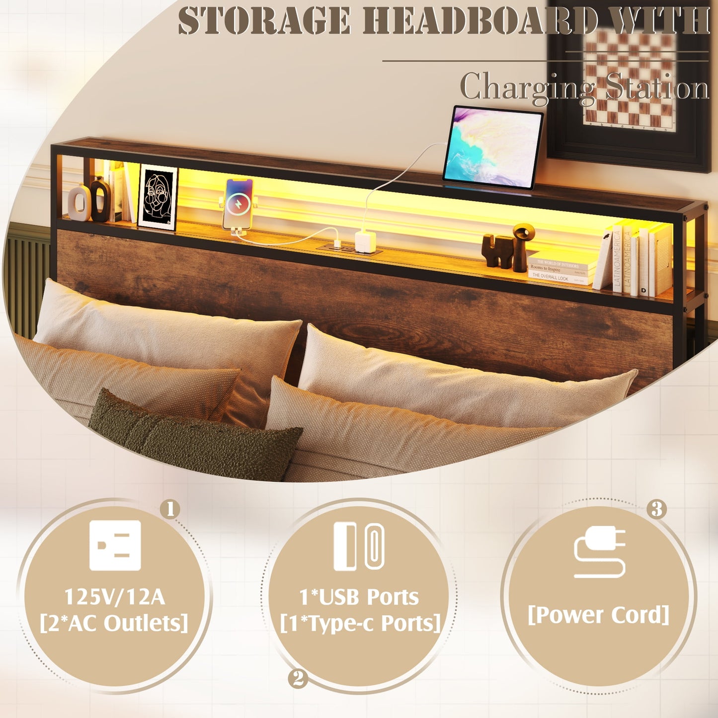 Lifezone Queen Bed Frame with Headboard Platform Bed with Charging Station & LED, 4 Storage Drawers, Metal Support, Vintage Brown