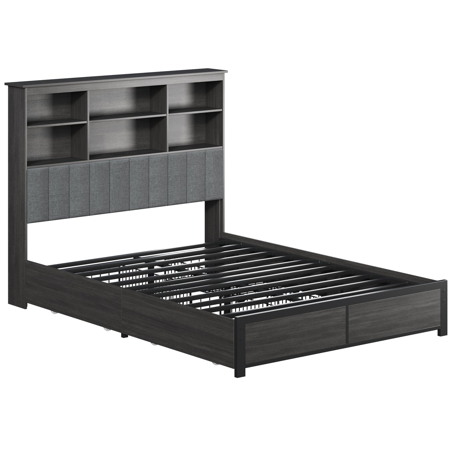Lifezone Bookcase Beds Queen Bed Frame with Wooden Platform, Rustic Grey