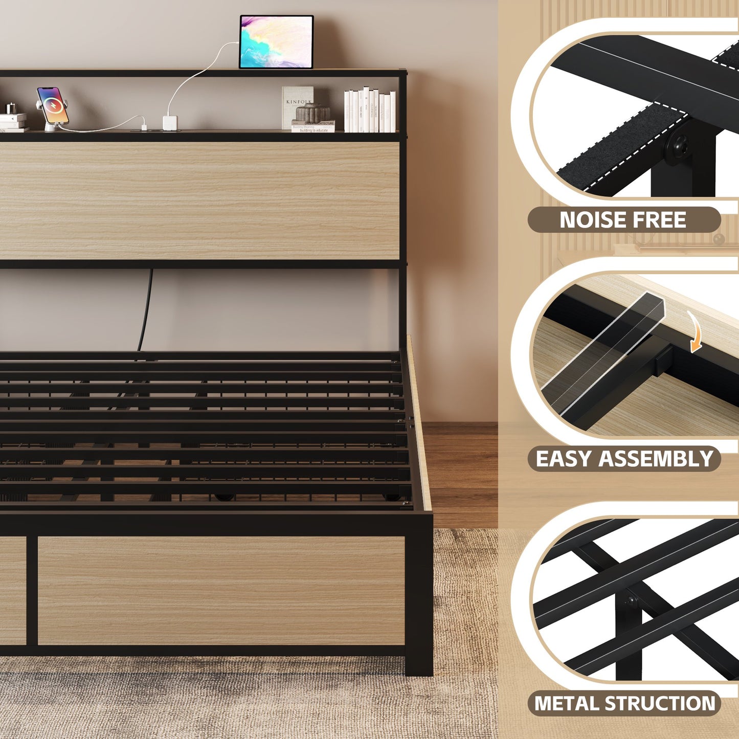 LIFEZONE Adult Rustic Lodge Metal MDF Bookcase Bed with Charging Station and LED, Beige