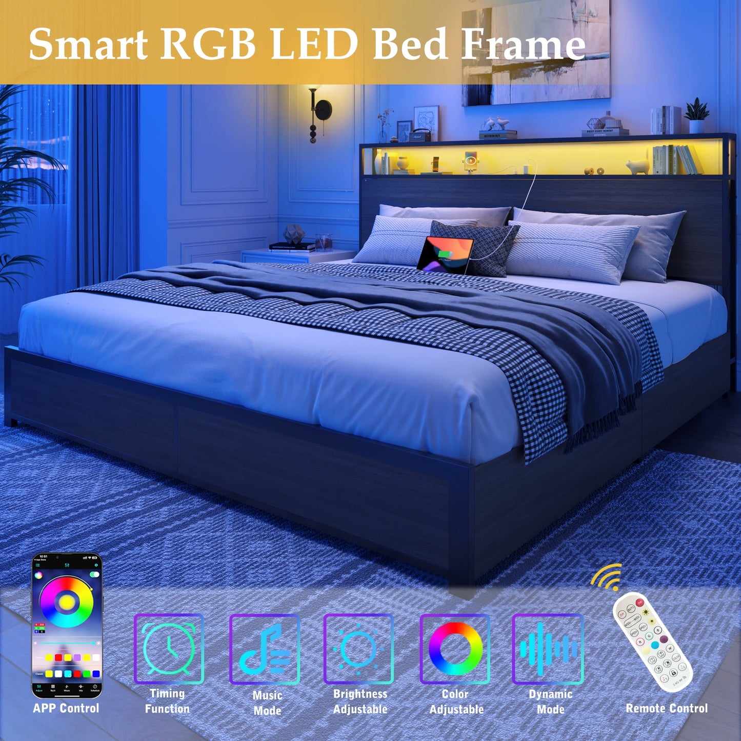 Lifezone King Size Bed Frame with 2-Tier Bookcase Headboard Platform Bed with Charging Station & LED, 4 Storage Drawers, Metal Support, No Box Spring Needed, Noise Free, Grey