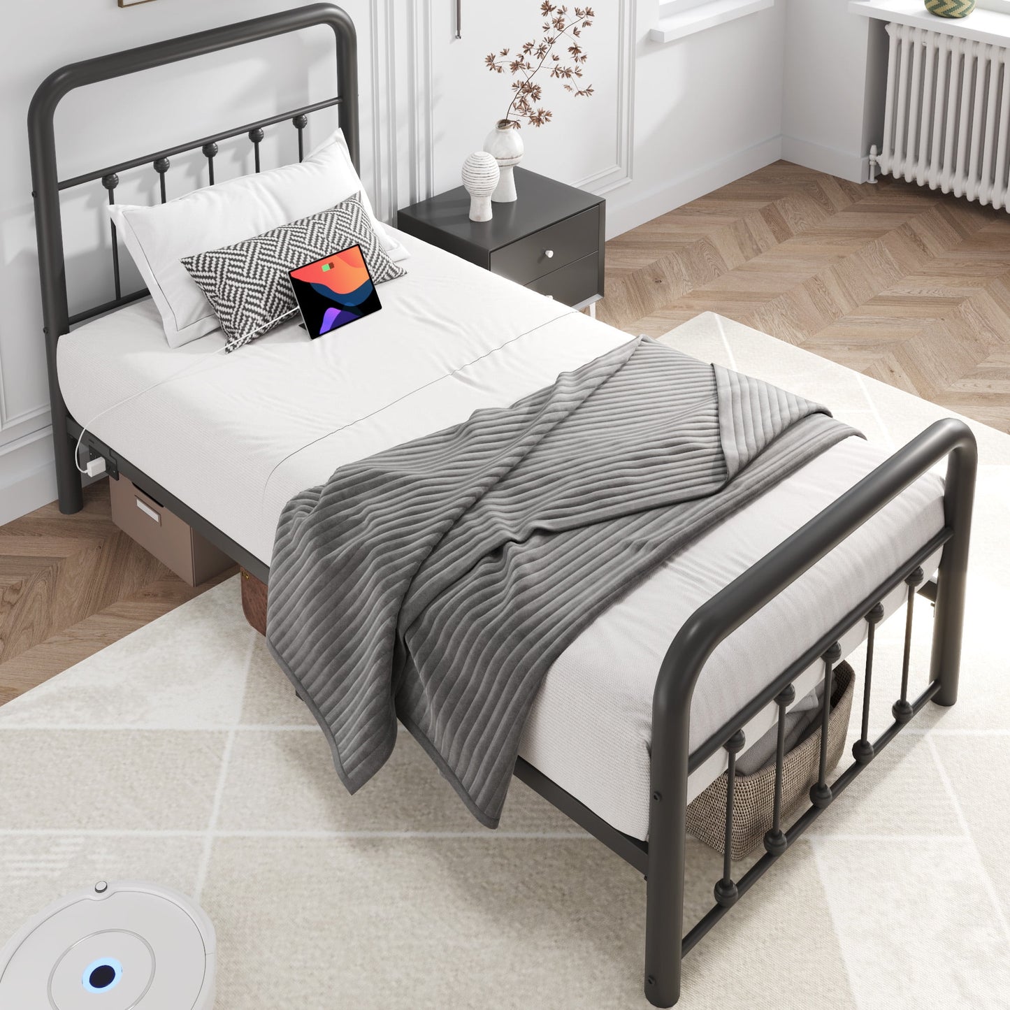 Lifezone Twin Bed Frame, Classic Metal Platform Bed Frame, with Charging Station and LED, No Need for Springs, Black