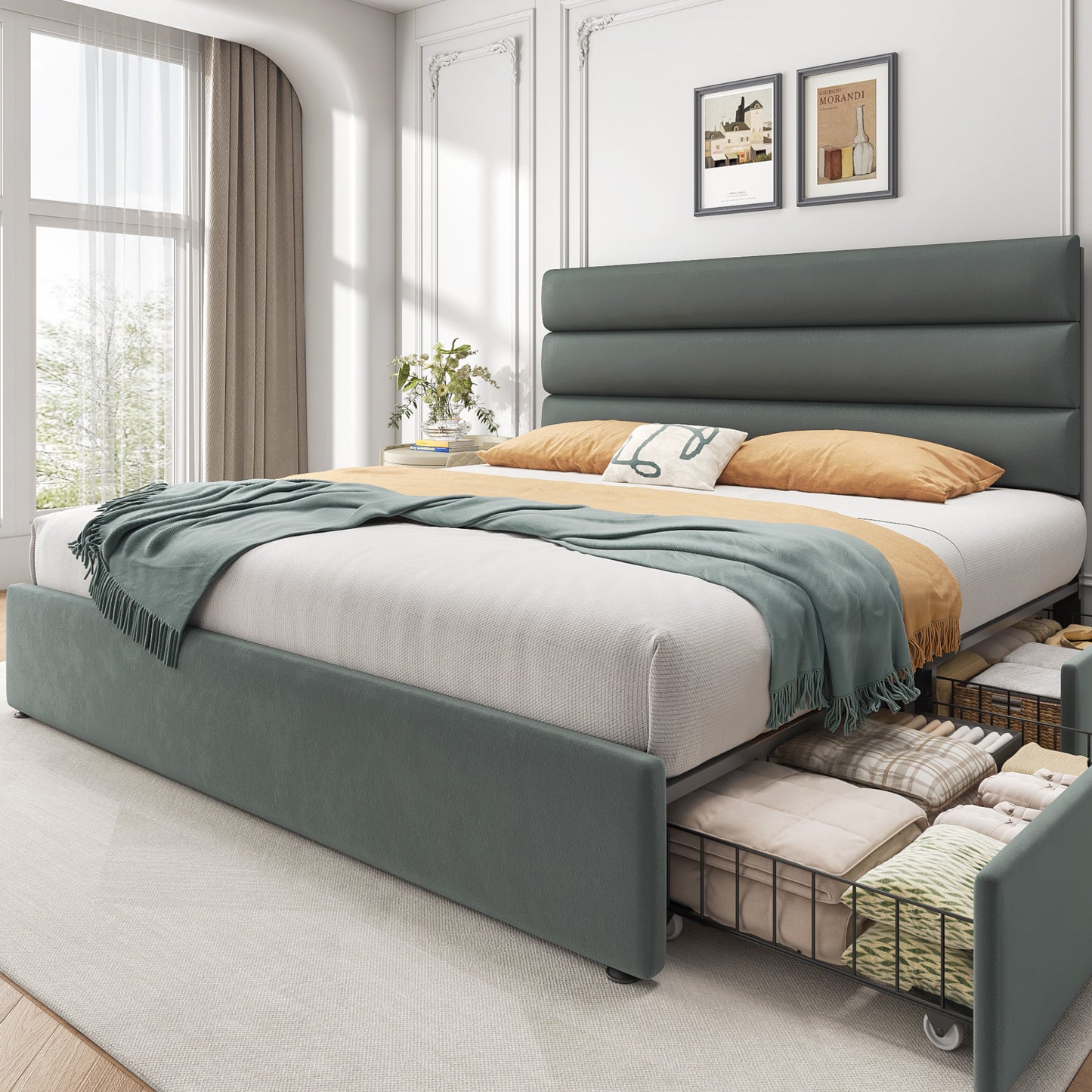 Lifezone Velvet Upholstered Queen Bed Frame with 4 Storage Drawers and Headboard, Bed Frame Queen Size with Metal Support, No Box Spring Needed, No-Noise, Easy Assembly
