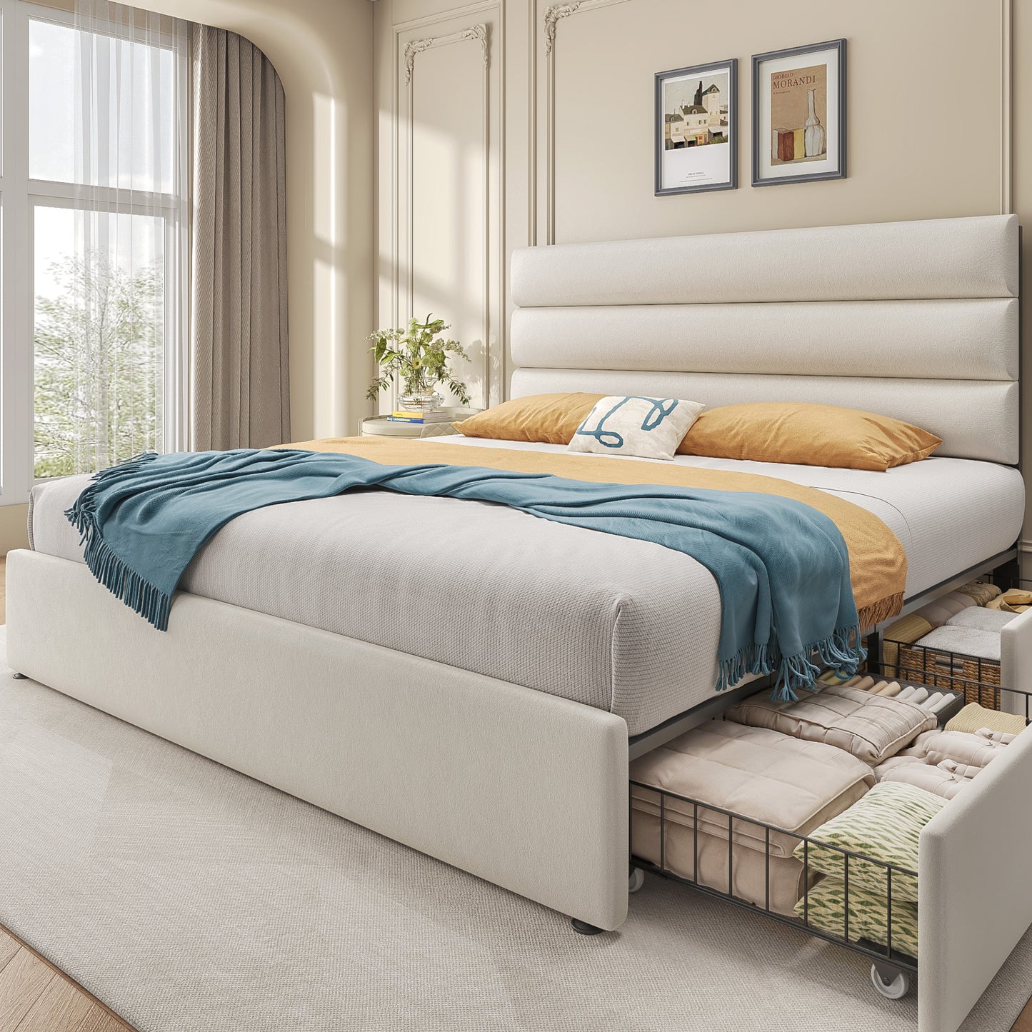 Lifezone Velvet Upholstered Queen Bed Frame with 4 Storage Drawers and Headboard, Bed Frame Queen Size with Metal Support, No Box Spring Needed, No-Noise, Easy Assembly