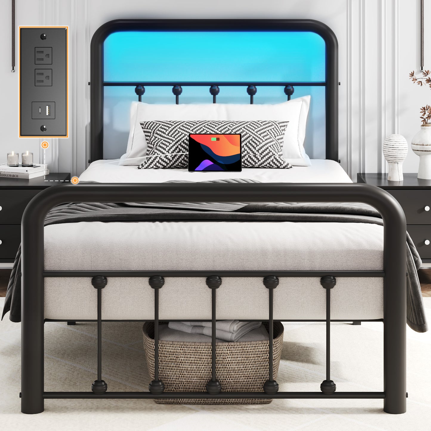 Lifezone Queen bed frame, classic metal platform bed frame, with charging station and LED, no need for springs, no noise, black