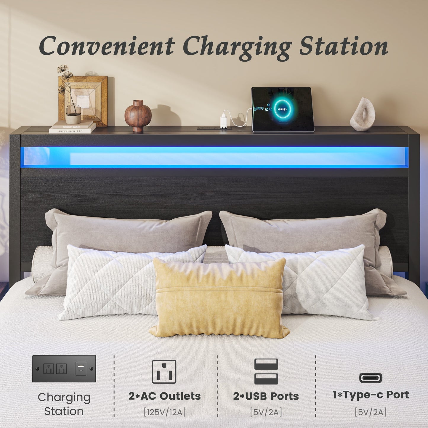 Queen Bed Frame with Headboard & Footboard, Bed Frame with Built-in Charging Station & LED Light, 2 Drawers, Storage Shelf, Noise-Free, No Box Spring Needed, Easy Assembly, Classic Black