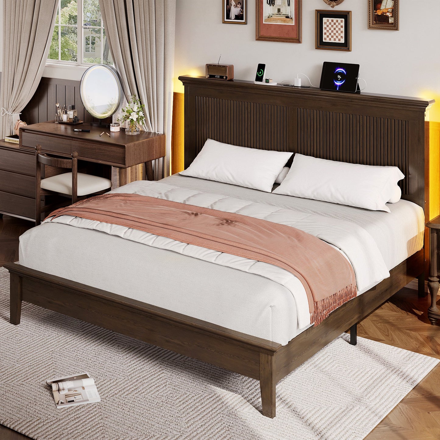 Lifezone Solid Wood Queen Platform Bed, Tall Headboard with Built-in RGB LED and Charging Station, Wood Slat Support, Noise-Free Walnut Finish