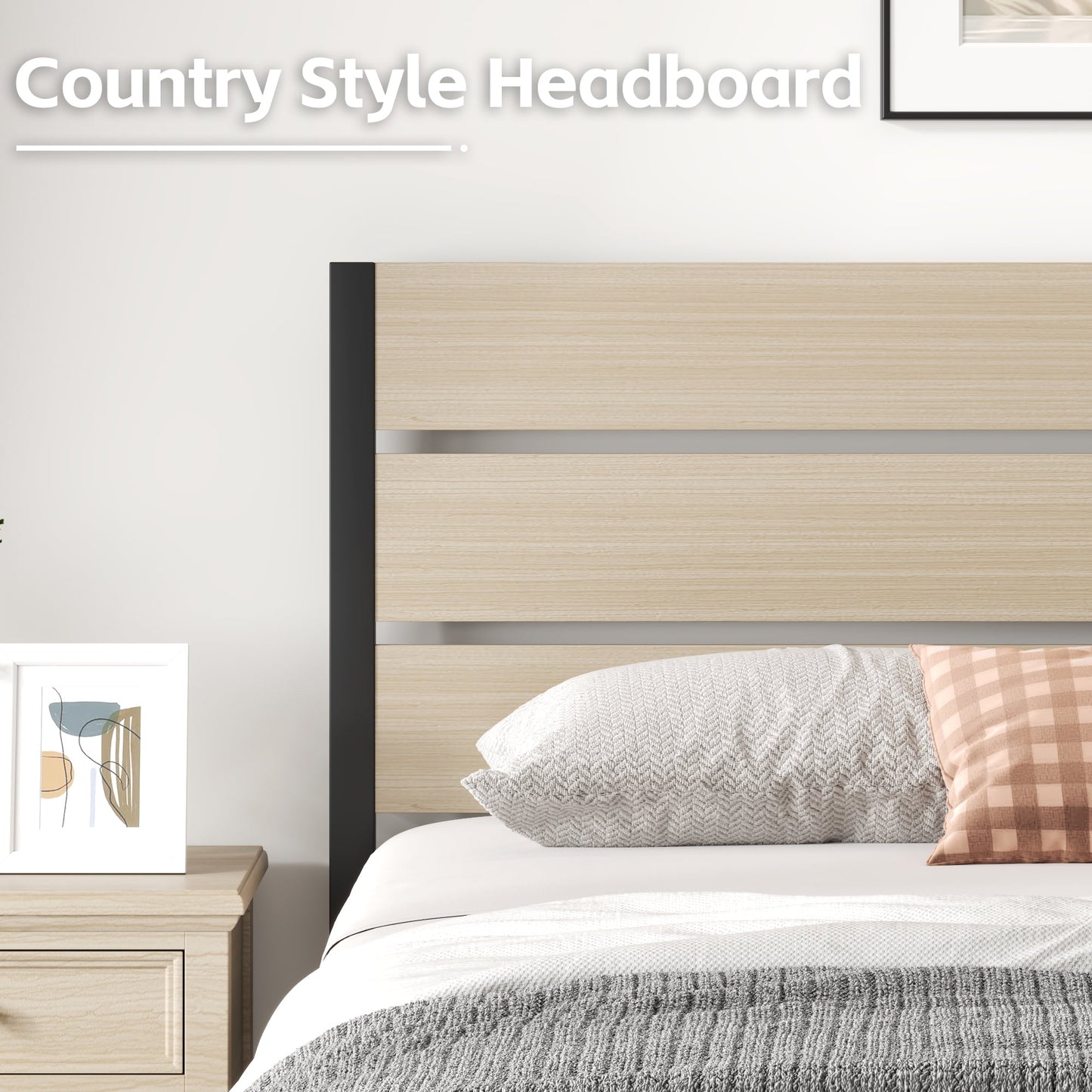 Lifezone Full Bed Frame with Rustic Vintage Wood Headboard and Footboard,Metal Support,Beige