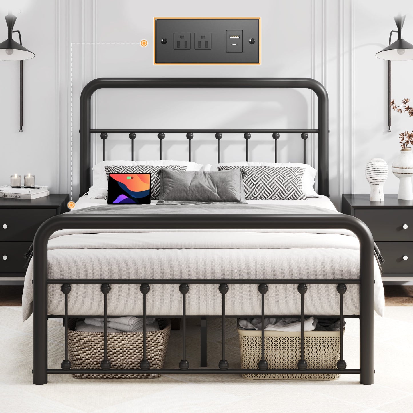 Lifezone Full Bed Frame, Classic Metal Platform Bed Frame, with Charging Station and LED, No Need for Springs, Black