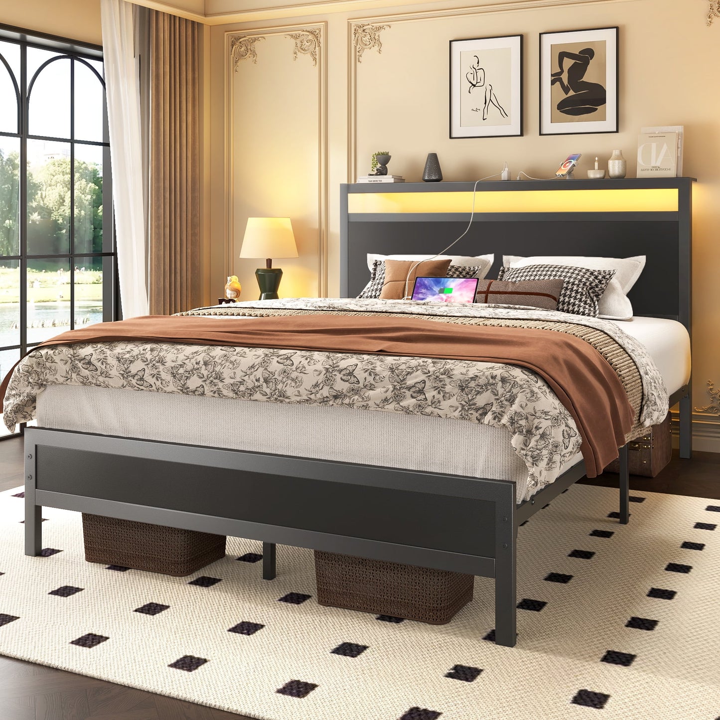 Full Bed Frame with Storage Headboard & Storage Drawer, Charging Station & LED Light, No Box Spring Needed, Noise Free, Easy Assembly, Classic Black