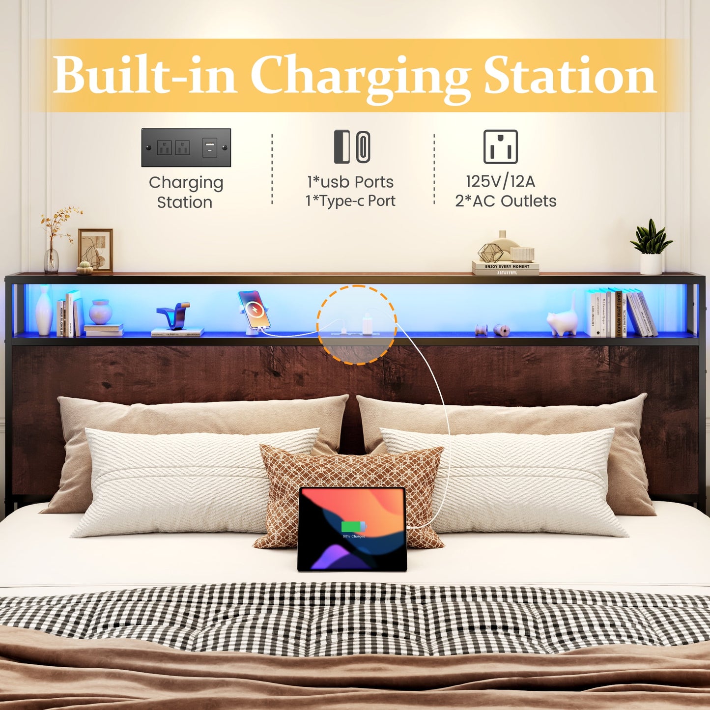 Lifezone King Size Bed Frame with 2-Tier Bookcase Headboard Platform Bed with Charging Station & LED, 4 Storage Drawers, Metal Support, No Box Spring Needed, Noise Free, Brown