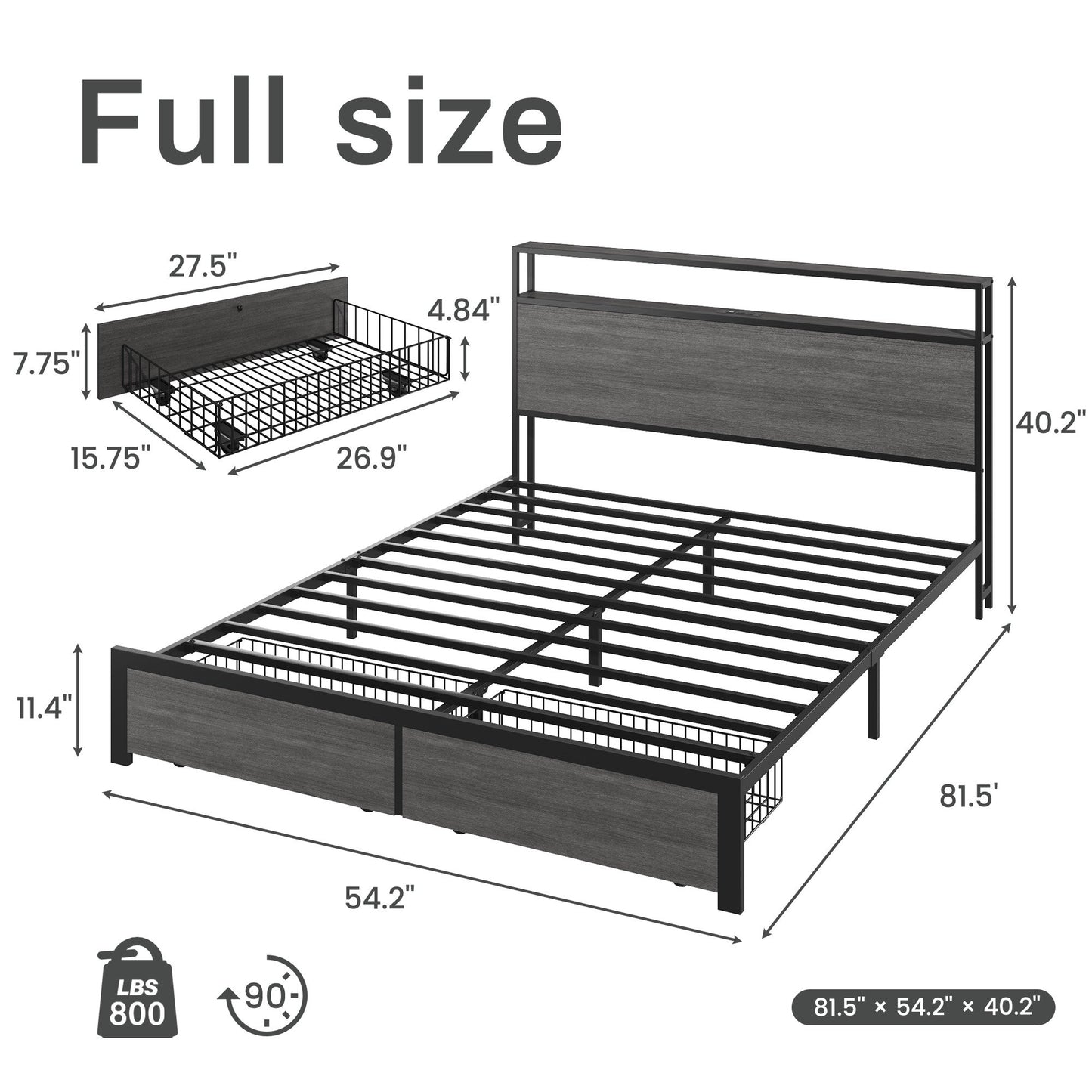 Lifezone Full Size Bed Frame with Storage Headboard & Footboard Drawers, Rustic Grey