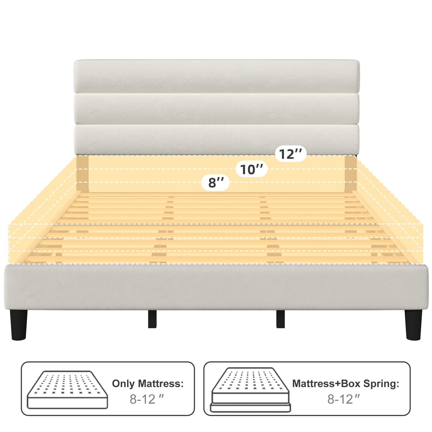 Lifezone King Bed Frame with Velvet Upholstered Headboard, Metal Support, No Box Spring Needed, Noise Free, Easy Assembly, Beige