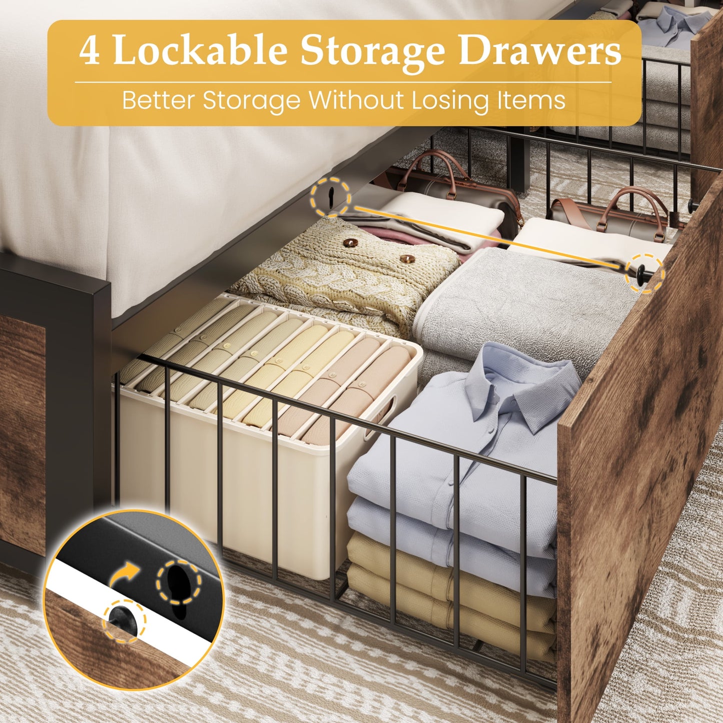 Lifezone King Size Bed Frame with 2-Tier Bookcase Headboard Platform Bed with Charging Station & LED, 4 Storage Drawers, Metal Support, No Box Spring Needed, Noise Free, Brown