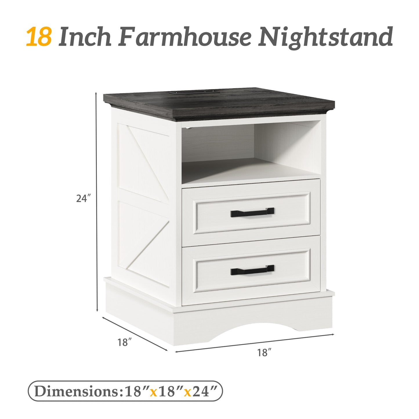 Lifezone 24” Farmhouse Rustic Nightstand - Antique White, Charging Station, Drawers & Open Storage