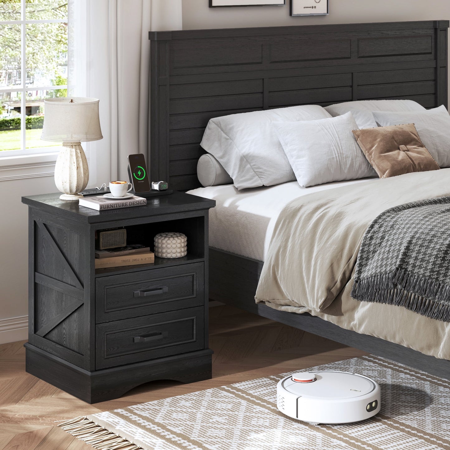 Lifezone 24” Farmhouse Rustic Nightstand - Antique Black , Charging Station, Drawers & Open Storage
