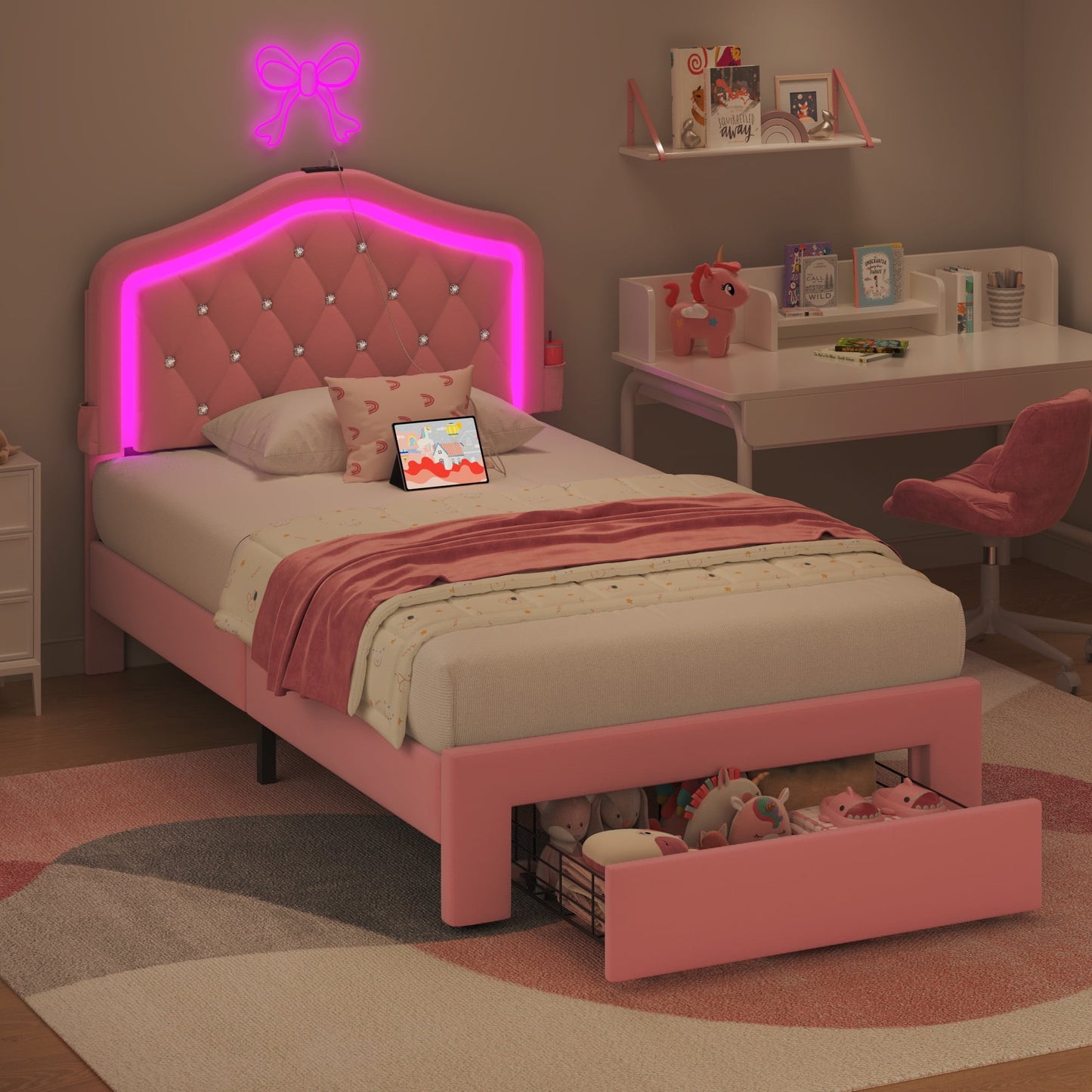 Fluest Tufted Diamond Twin Bed Frame, Pink Upholstered Headboard, USB Port, LED Light & Underbed Storage Drawer