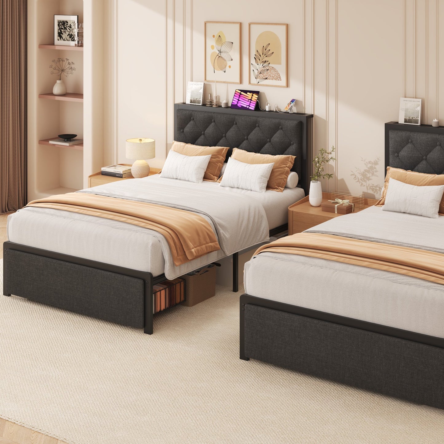 Lifezone Twin Bed Frame with Linen Upholstered Headboard, USB Port, Large Storage Drawer, No Box Spring Needed, Easy Assembly, Grey