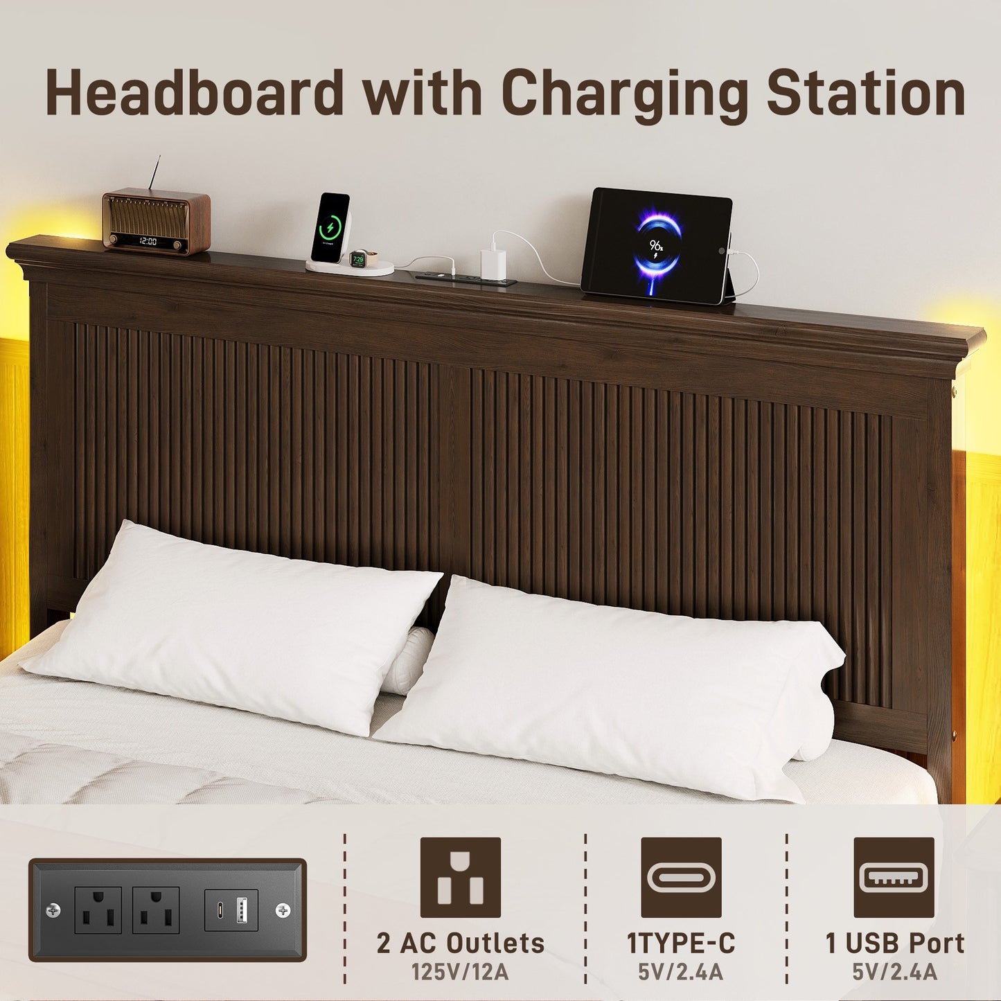 Lifezone Solid Wood Queen Platform Bed, Tall Headboard with Built-in RGB LED and Charging Station, Wood Slat Support, Noise-Free Walnut Finish
