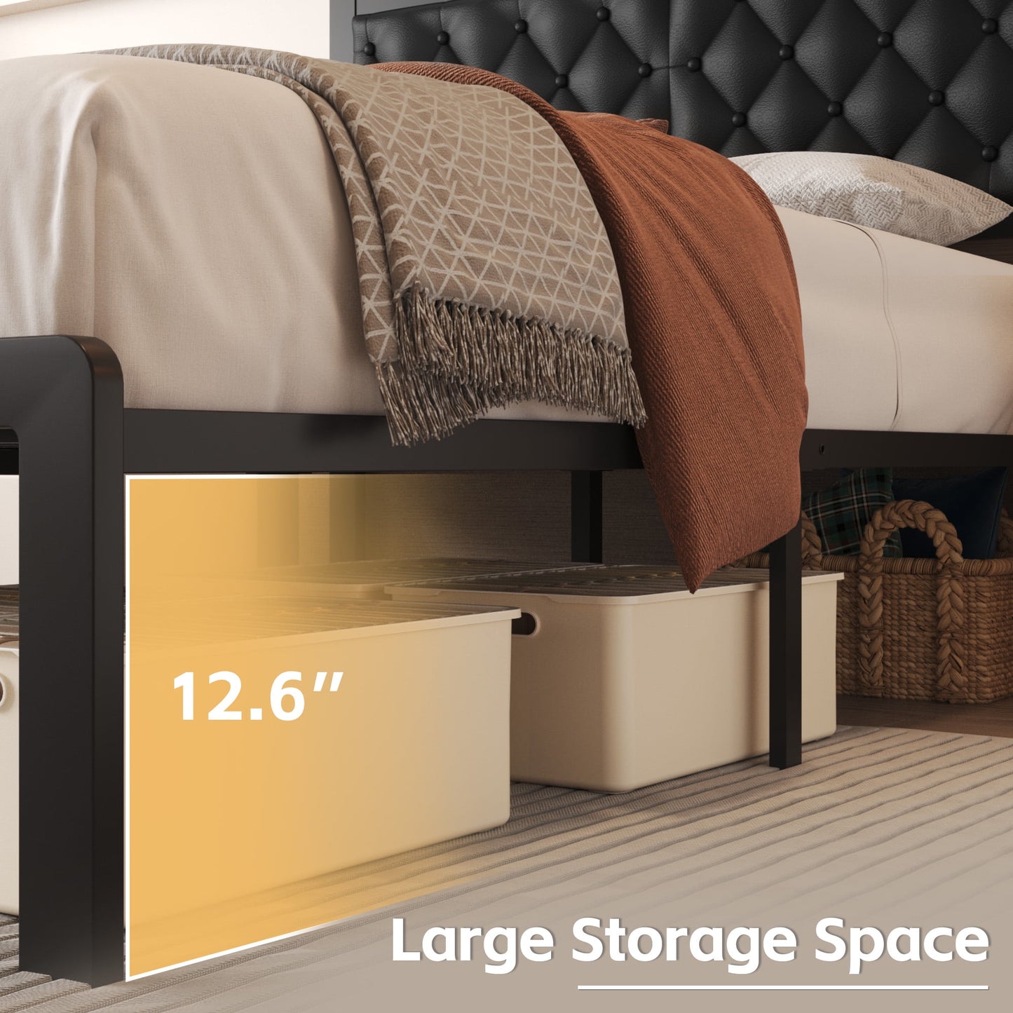 Lifezone Bed Frame with Upholstered Headboard, Queen, Metal Support, No Box Spring Needed, Black