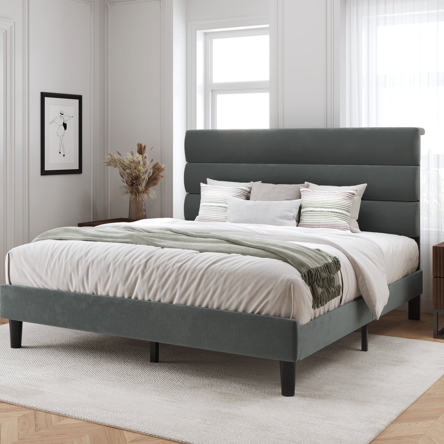 Lifezone Queen Bed Frame with Velvet Upholstered Headboard, Metal Support, No Box Spring Needed, Noise Free, Easy Assembly, Grey