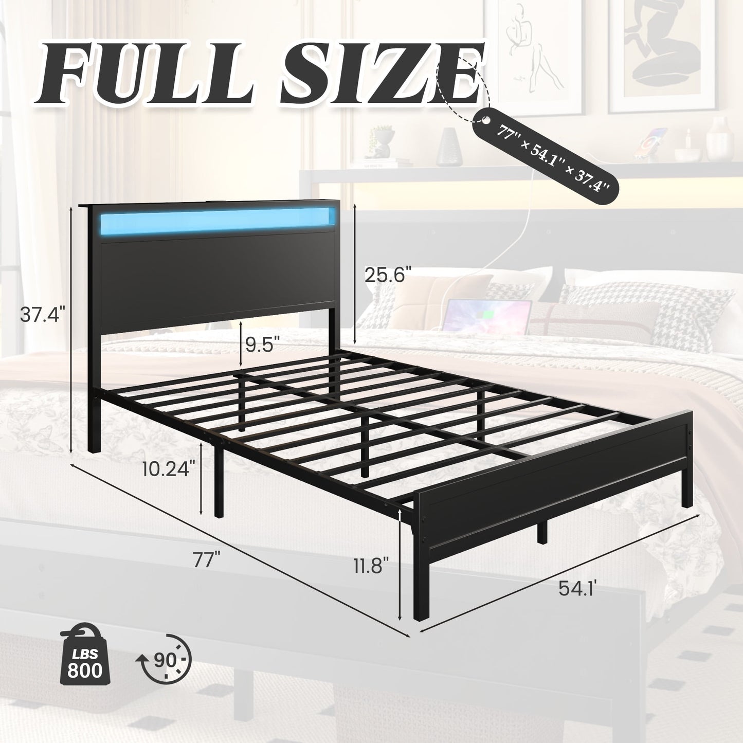 Full Bed Frame with Storage Headboard & Storage Drawer, Charging Station & LED Light, No Box Spring Needed, Noise Free, Easy Assembly, Classic Black