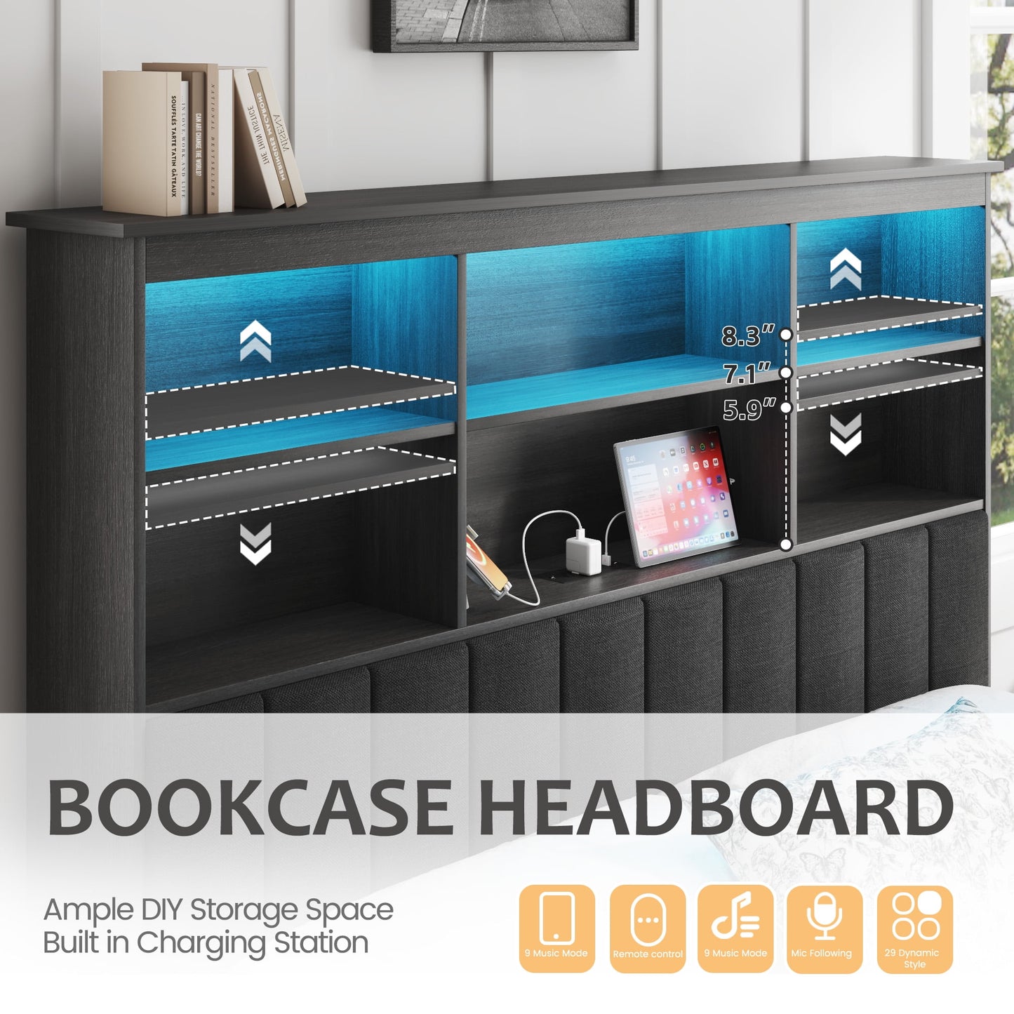 Lifezone Bookcase Beds Full Bed Frame with Wooden Platform, Rustic Grey
