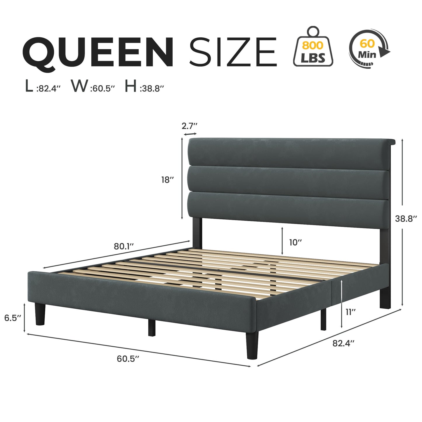 Lifezone Queen Bed Frame with Velvet Upholstered Headboard, Metal Support, No Box Spring Needed, Noise Free, Easy Assembly, Grey