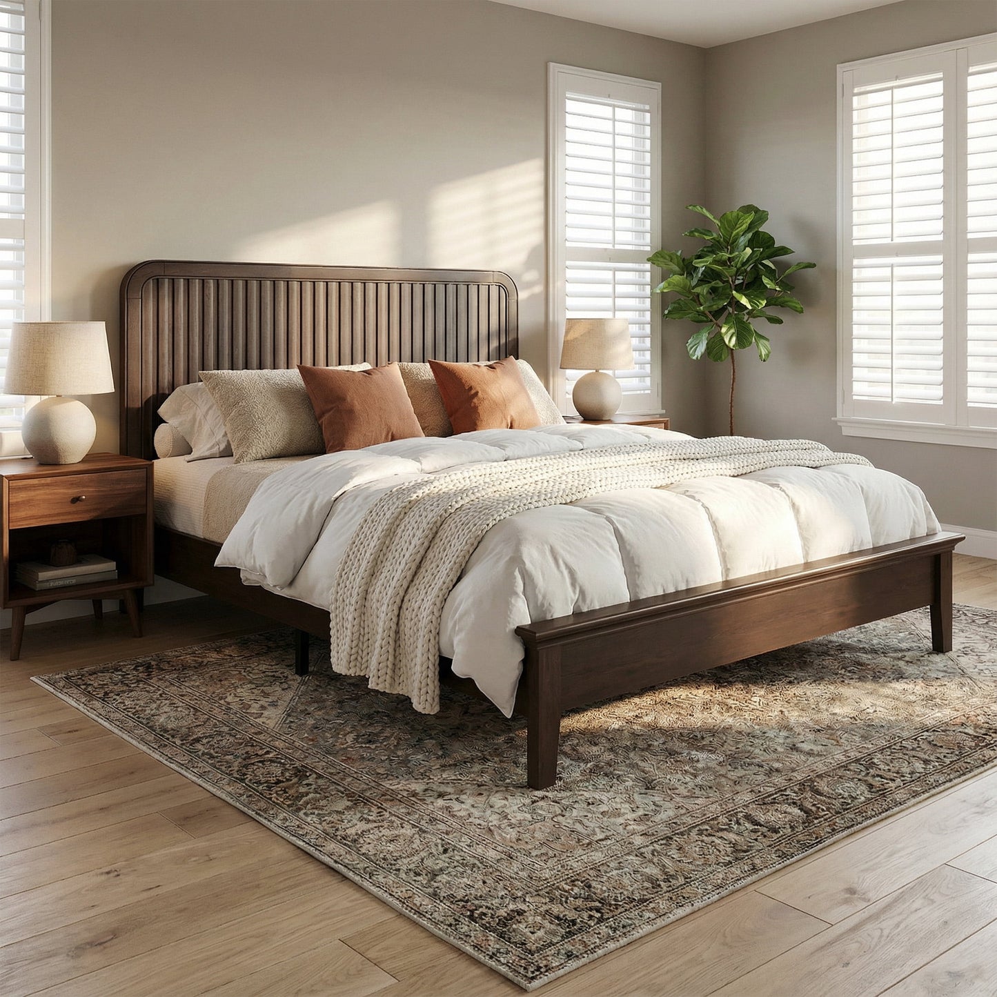 Fluest Queen Size Wood Platform Bed Frame with Vertical Slat Headboard, Rustic Brown, No Box Spring Needed, Noise-Free