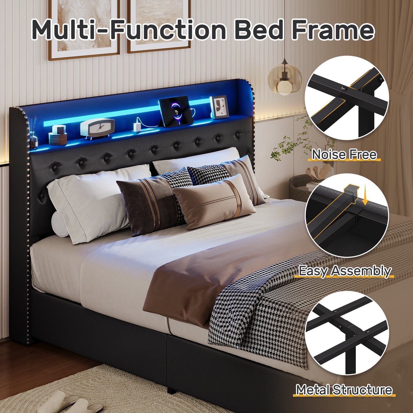Lifezone Queen Size Upholstered Platform Bed Frame, Faux Leather Windback Headboard with Storage, 4 Drawers, LED Lights & Charging Station, Metal Slat Support, No Box Spring Required, Black