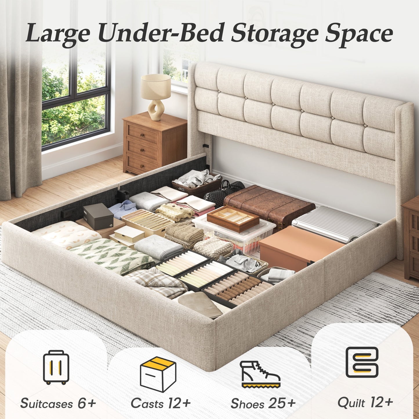Lifezone King Linen Upholstered Storage Bed Frame with Button Tufted Wingback Headboard, Hydraulic Lift-Up Under-Bed Storage, Beige