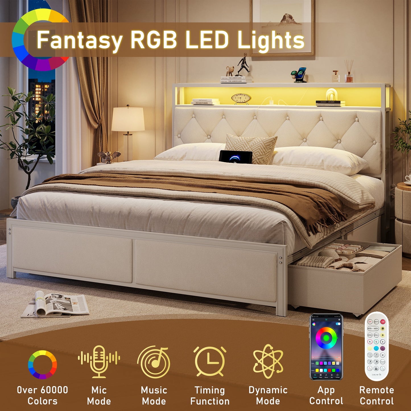 Lifezone Queen Bed Frame with Headboard, Platform Bed Frame with 4 Storage Drawers, Charging Station & LED, Metal Support, No Box Spring Needed, Noise Free, White