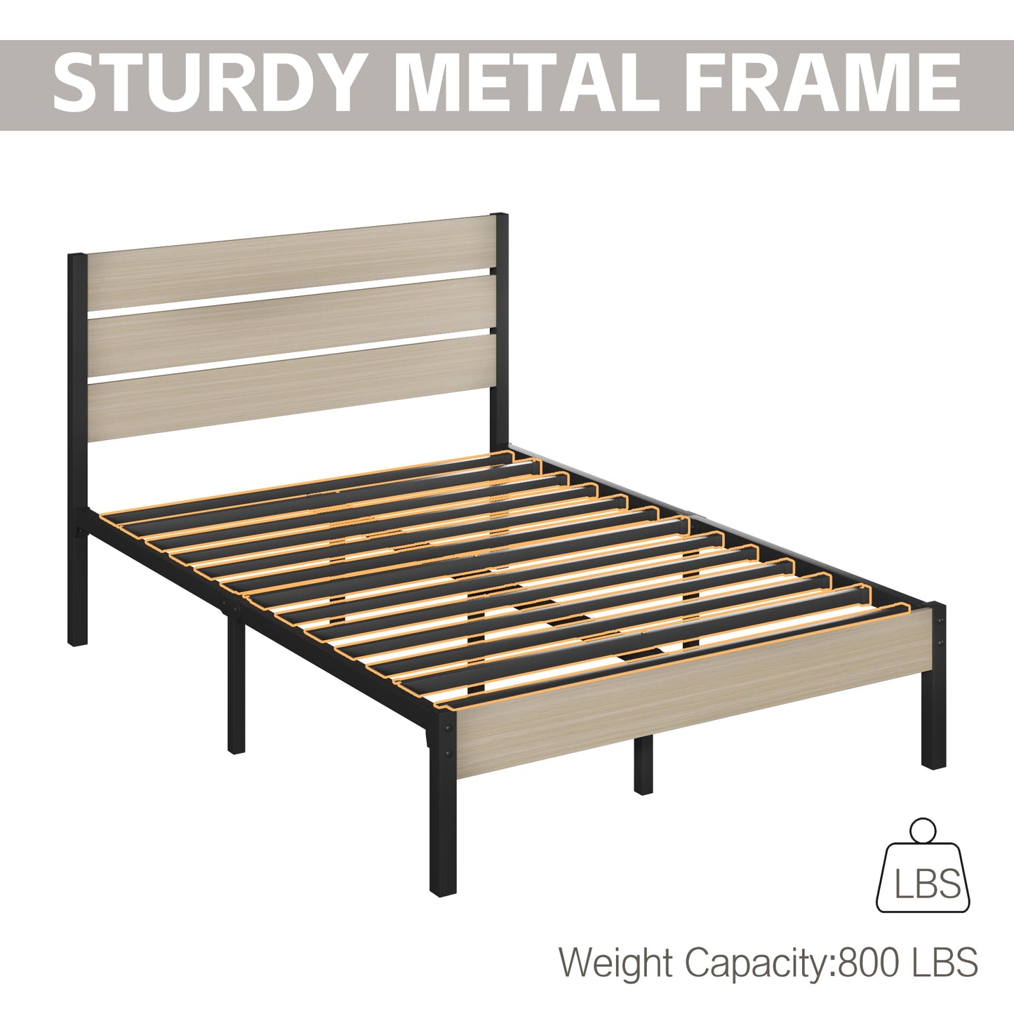 Lifezone Full Bed Frame with Rustic Vintage Wood Headboard and Footboard,Metal Support,Beige