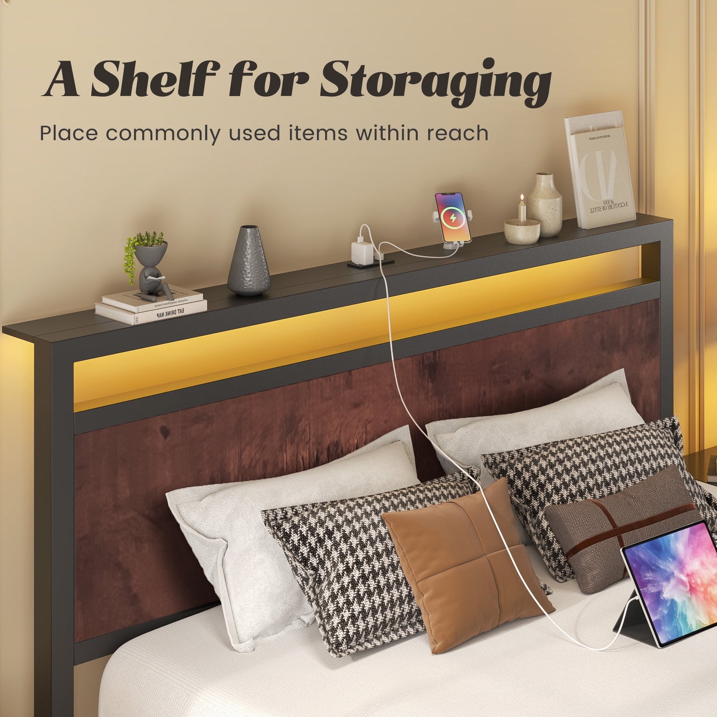 Queen Bed Frame with Headboard & Footboard, Bed Frame with Built-in Charging Station & LED Light, Storage Shelf, Noise-Free, No Box Spring Needed, Easy Assembly, Coffee Brown
