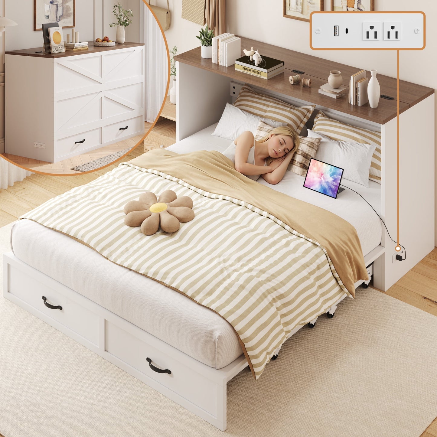 Lifezone Murphy Bed Frame with Charging Station, Convertible Chest Bed Cabinet, Space-Saving Design for Small Living Spaces