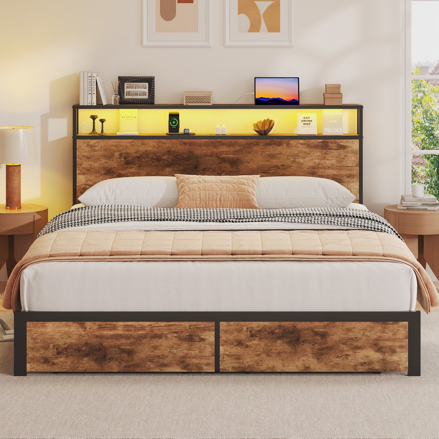 Lifezone Queen Bed Frame with 2-Tier Storage Headboard, Metal Bed Frame with Storage Drawers & Built-in Charging Station & LED, Noise-Free, No Box Spring Needed, Easy Assembly, Retro Brown
