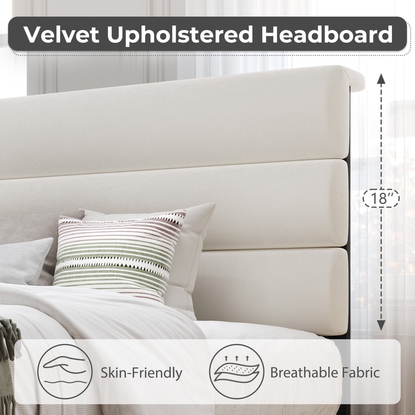 Lifezone King Bed Frame with Velvet Upholstered Headboard, Metal Support, No Box Spring Needed, Noise Free, Easy Assembly, Beige