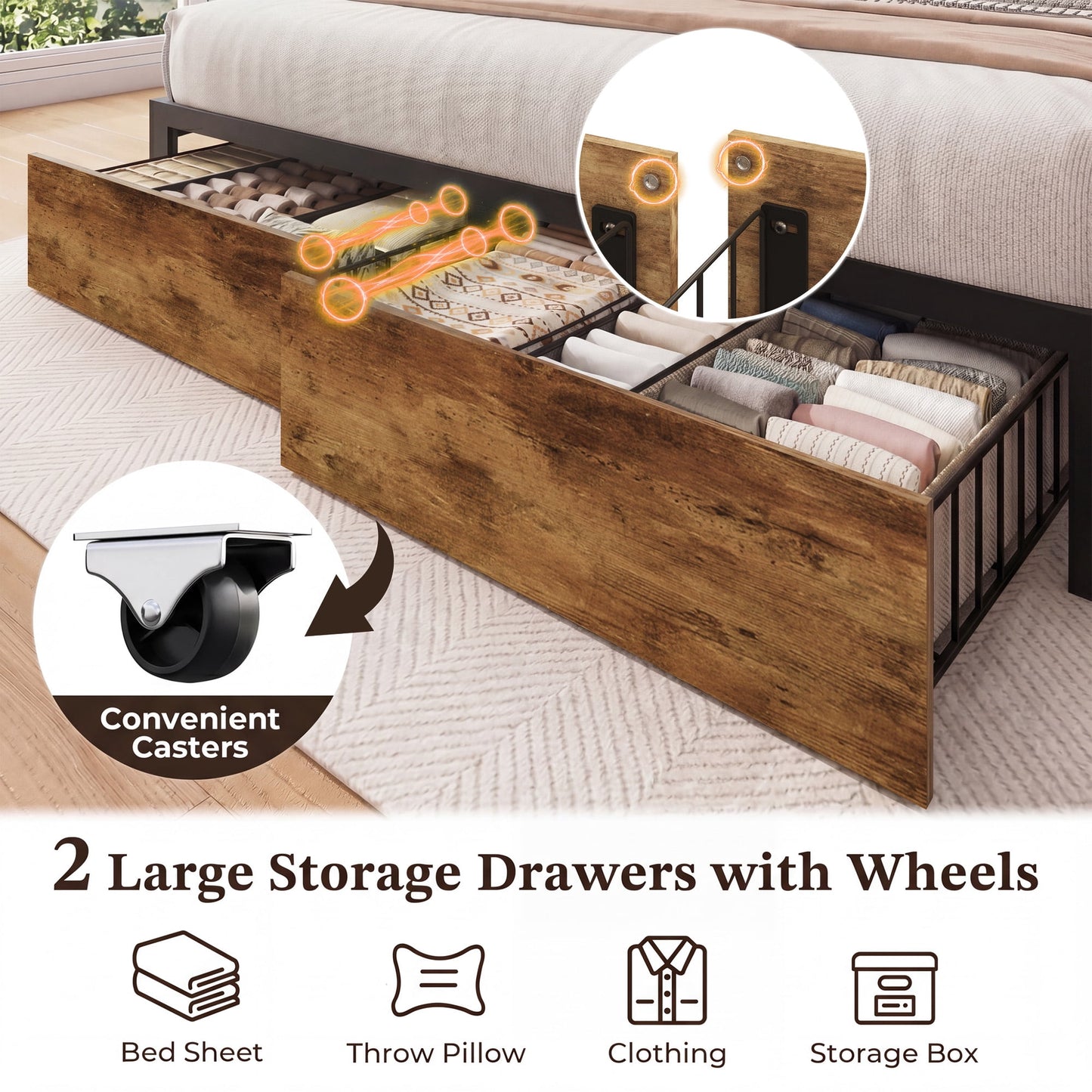 Lifezone Queen Storage Bed Frame with 2 Drawers, Bookcase Headboard & Charging Station, No Box Spring Needed, Rustic Brown