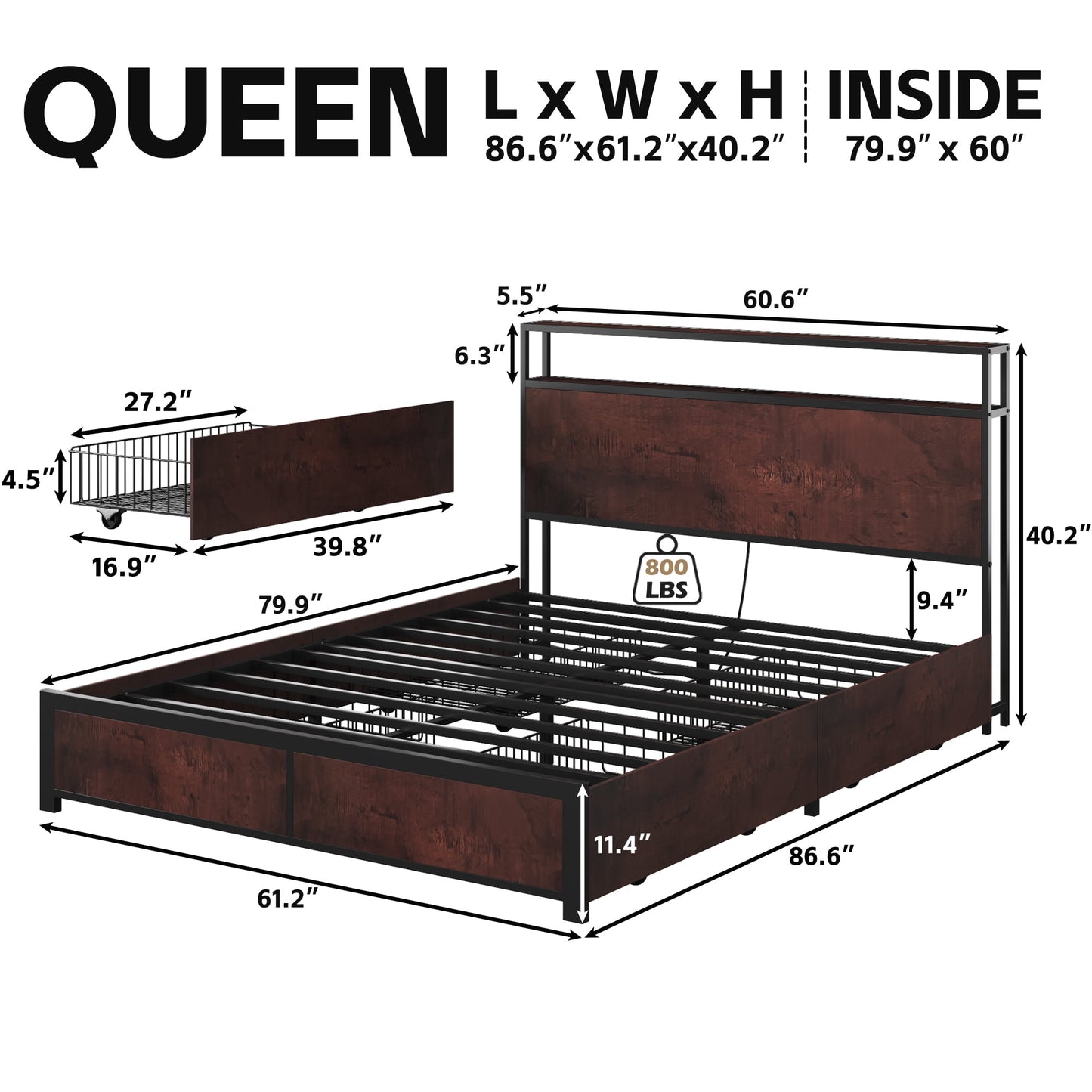 Lifezone Queen Size Lodge Medium Density Fiberboard Bookcase Bed with Charging Station, Brown