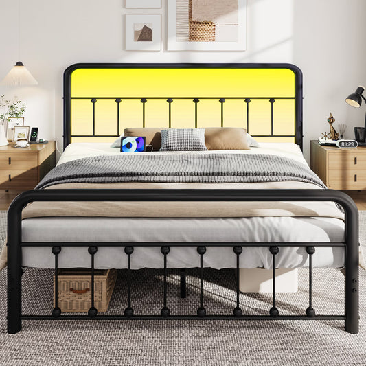 Lifezone Queen Bed Frame, Classic Metal Platform Bed Frame, with Charging Station and LED, No Need for Springs, Modern Black