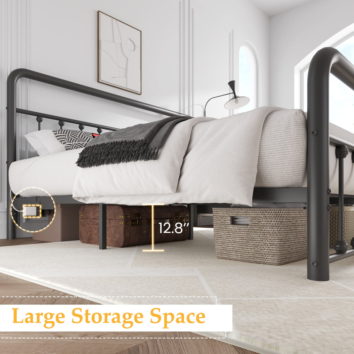 King Metal Platform Bed Frame, Classic Modern with Charging Station and LED Lights, No Box Spring Needed, Black