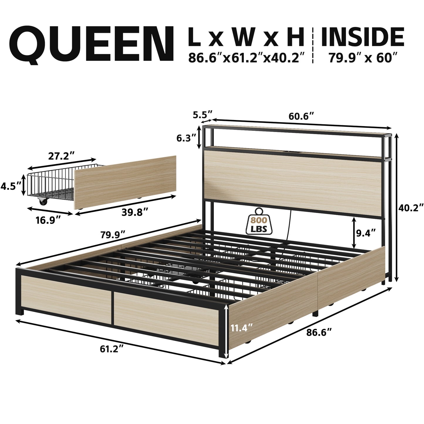 Lifezone Rustic Adult Queen MDF Metal Bookcase Bed with LED Light & Drawers, Beige