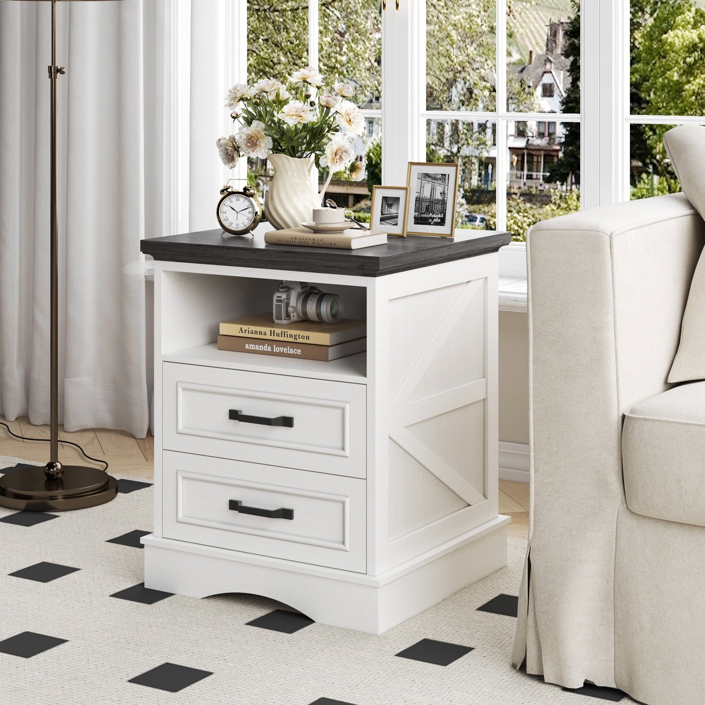 Lifezone 24” Farmhouse Rustic Nightstand - Antique White, Charging Station, Drawers & Open Storage
