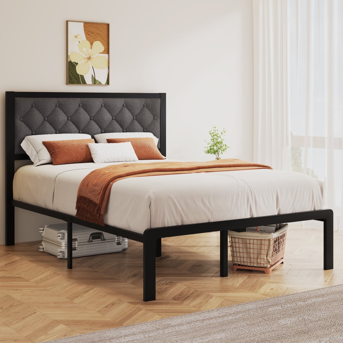 Lifezone Upholstered Bed Frame with Headboard, Full, Metal Support, No Box Spring Needed, Noise Free, Easy Assembly, Grey